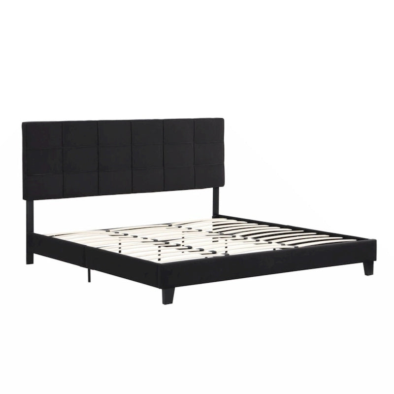 King Size Black Upholstered Platform Bed with Linen Headboard