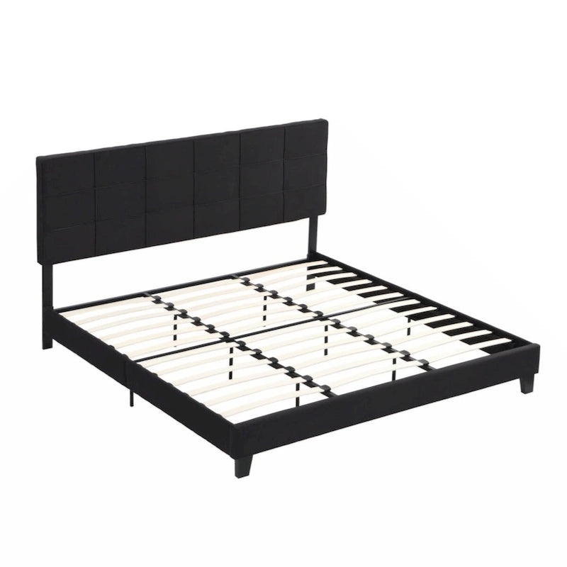 King Size Black Upholstered Platform Bed with Linen Headboard
