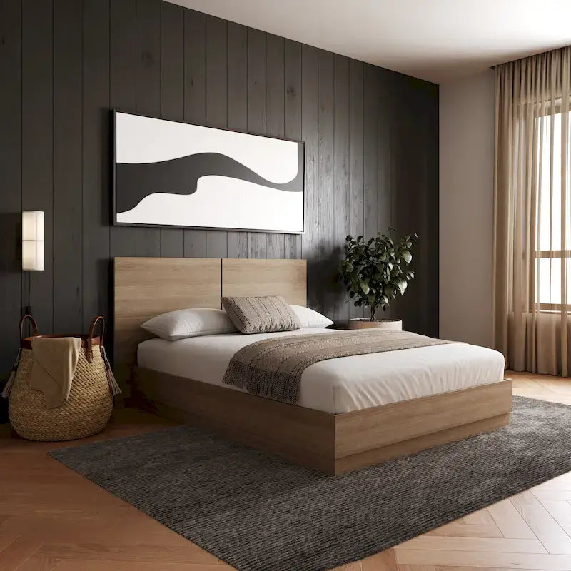 Oak-Finish Platform Bed with Headboard