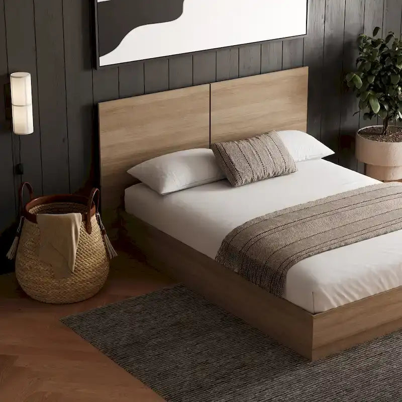 Oak-Finish Platform Bed with Headboard