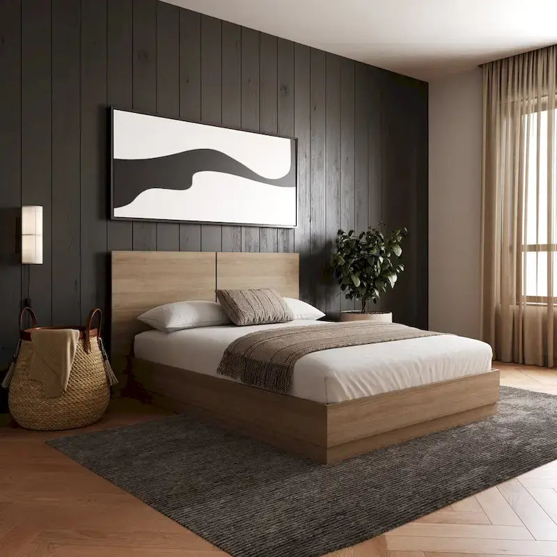 Oak-Finish Platform Bed with Headboard