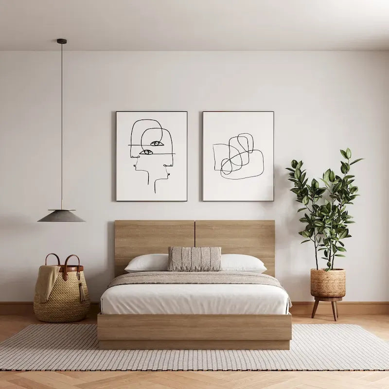 Oak-Finish Platform Bed with Headboard