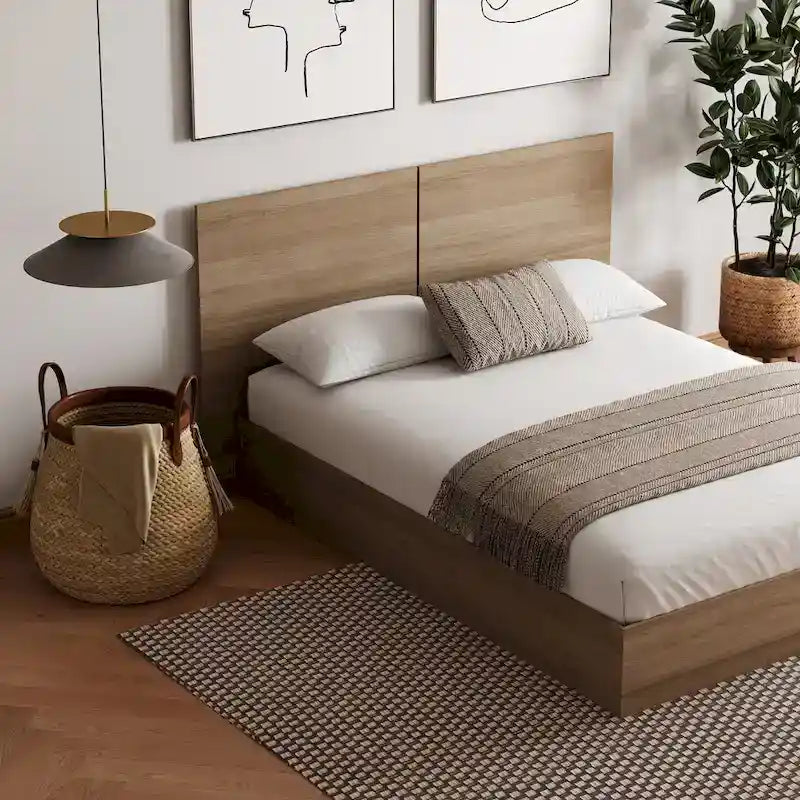 Oak-Finish Platform Bed with Headboard