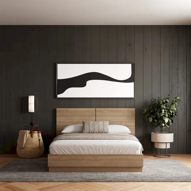 Oak-Finish Platform Bed with Headboard