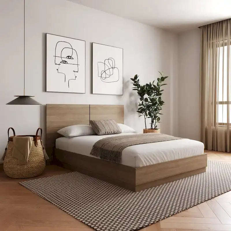 Oak-Finish Platform Bed with Headboard
