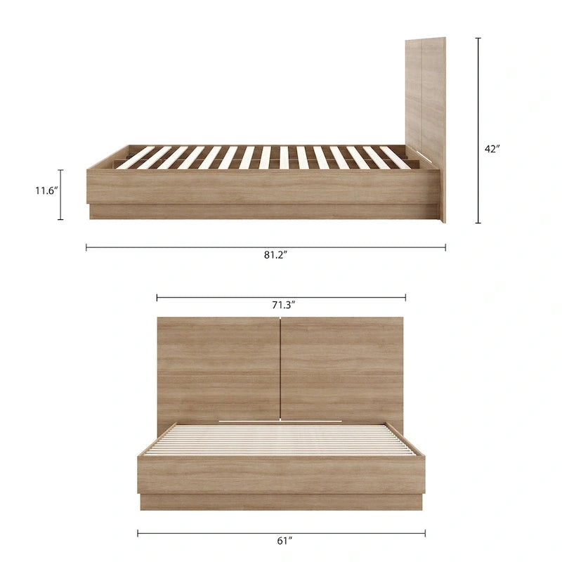 Oak-Finish Platform Bed with Headboard