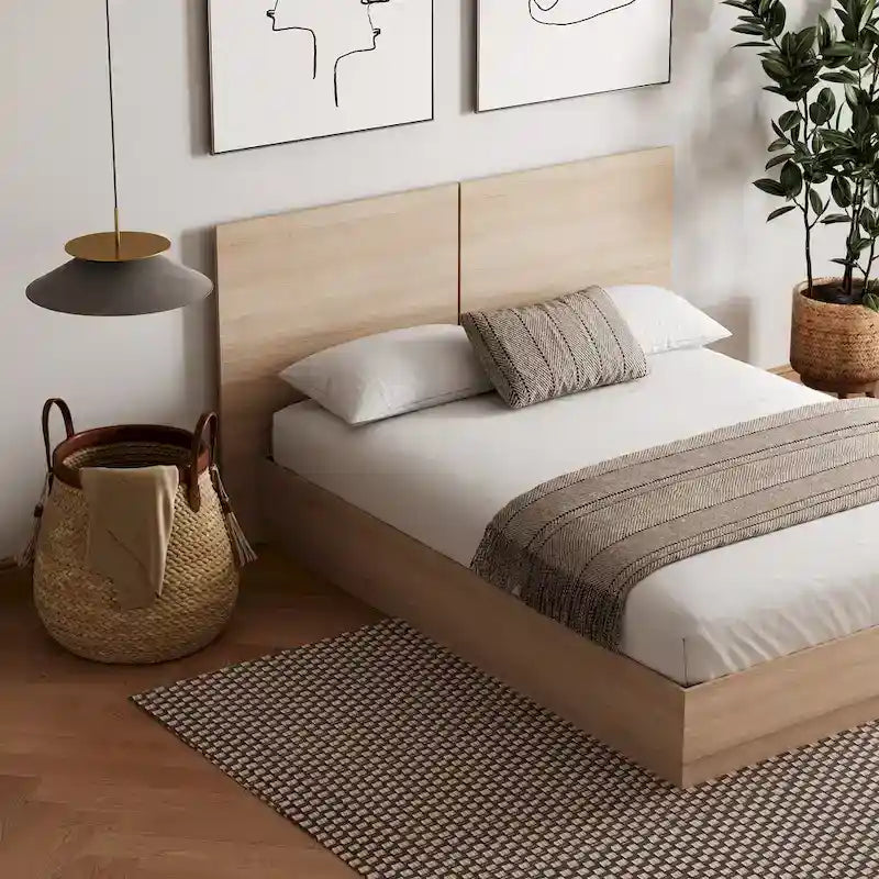 Oak-Finish Platform Bed with Headboard