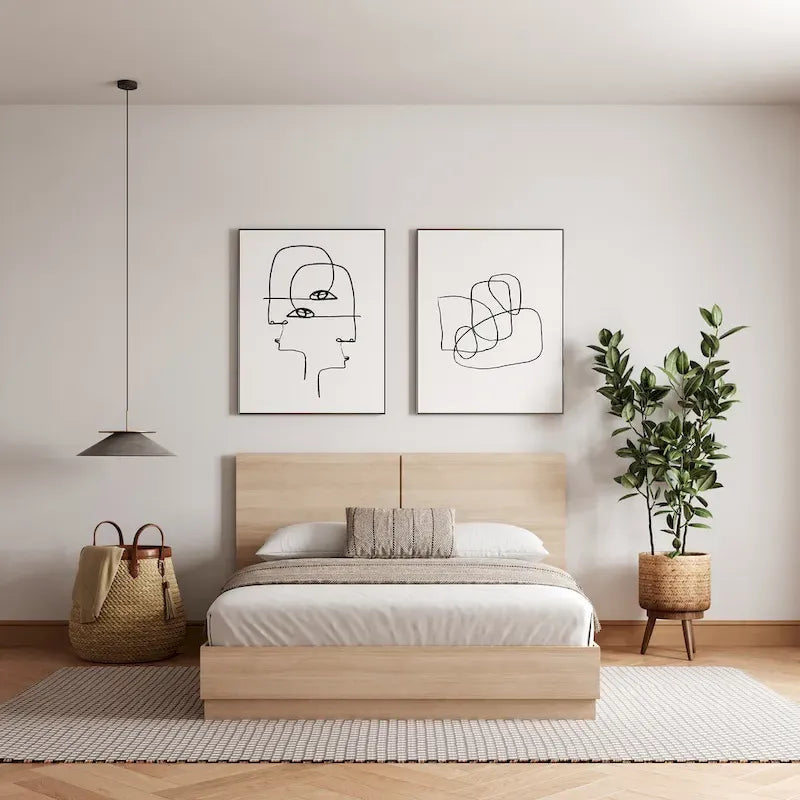 Oak-Finish Platform Bed with Headboard