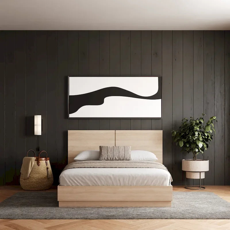 Oak-Finish Platform Bed with Headboard