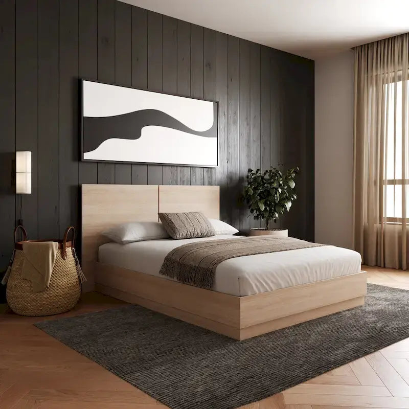 Oak-Finish Platform Bed with Headboard