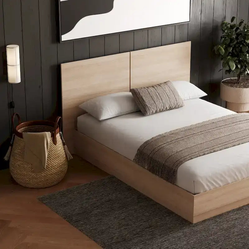 Oak-Finish Platform Bed with Headboard