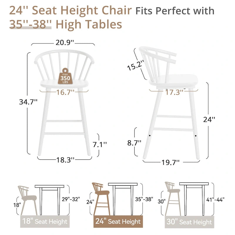 Set of 3 24-Inch Solid Wood Counter Stools with Spindle Backs