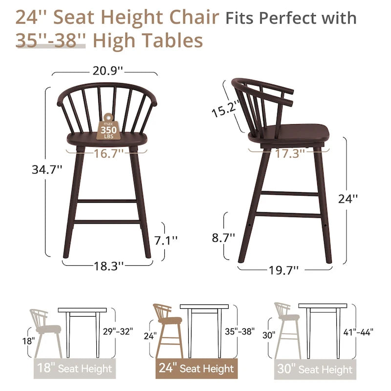 Set of 3 24-Inch Solid Wood Counter Stools with Spindle Backs