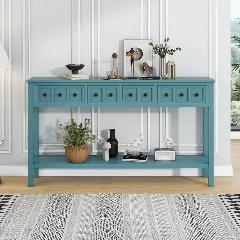 Rustic Entryway Console Table, 60 Long Sofa Table with two Different Size Drawers and Bottom Shelf for Storage