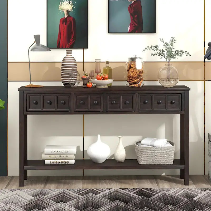 Rustic Entryway Console Table, 60 Long Sofa Table with two Different Size Drawers and Bottom Shelf for Storage