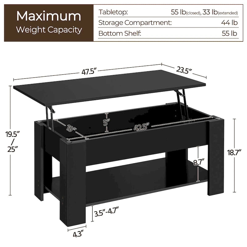 47.5 Lift-Top Coffee Table with Hidden Storage and Open Shelf