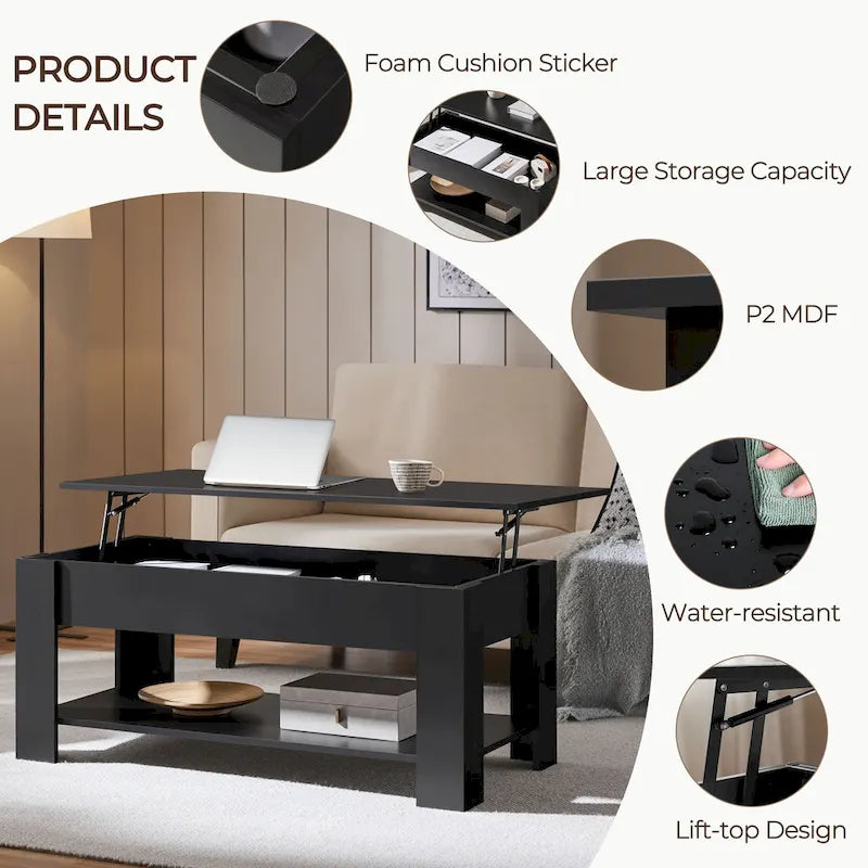 47.5 Lift-Top Coffee Table with Hidden Storage and Open Shelf