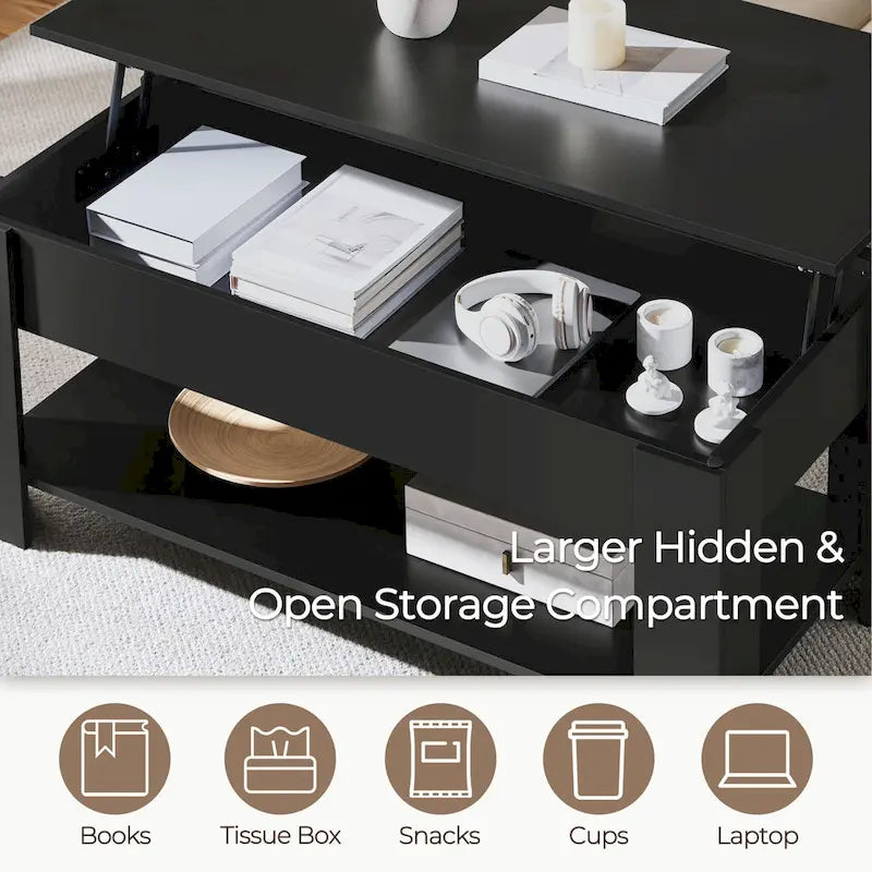 47.5 Lift-Top Coffee Table with Hidden Storage and Open Shelf