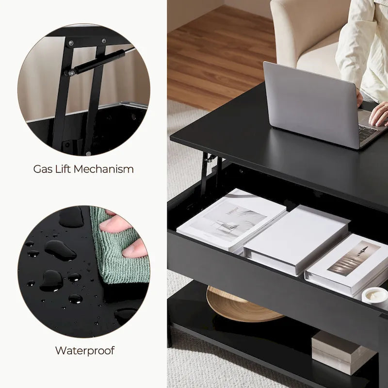 47.5 Lift-Top Coffee Table with Hidden Storage and Open Shelf