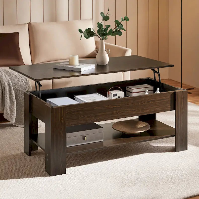 47.5 Lift-Top Coffee Table with Hidden Storage and Open Shelf