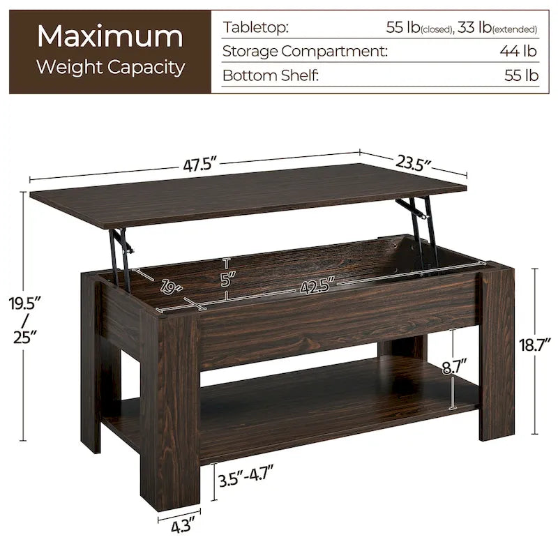 47.5 Lift-Top Coffee Table with Hidden Storage and Open Shelf