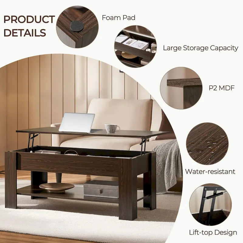 47.5 Lift-Top Coffee Table with Hidden Storage and Open Shelf