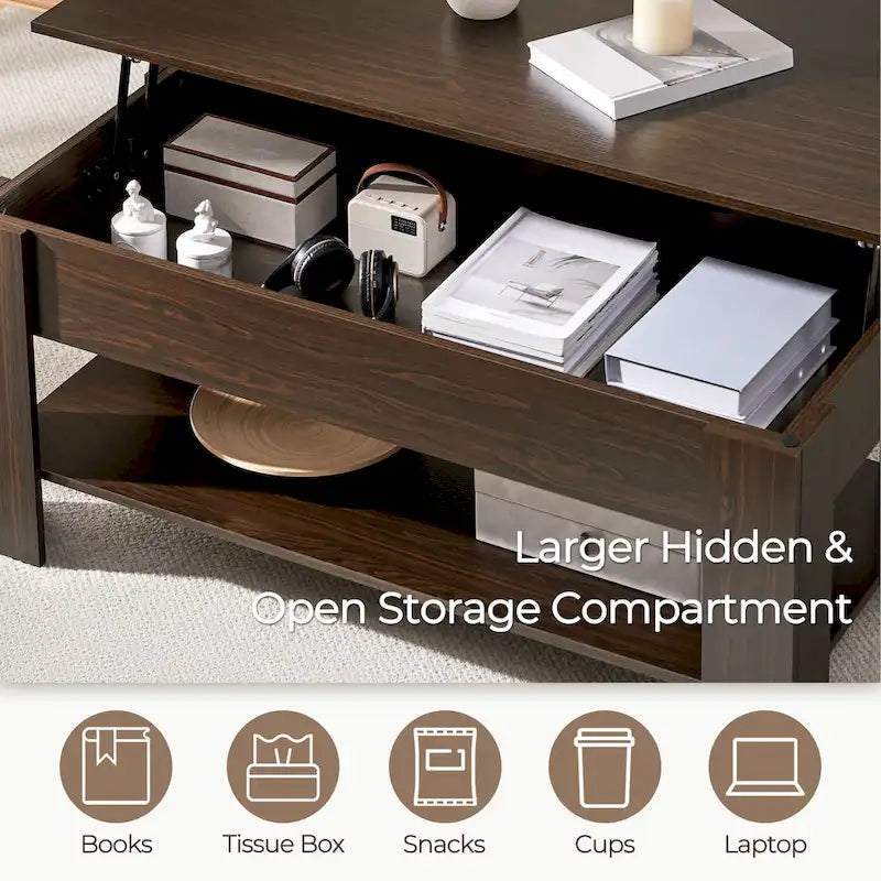 47.5 Lift-Top Coffee Table with Hidden Storage and Open Shelf