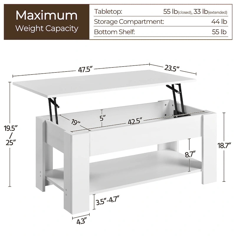47.5 Lift-Top Coffee Table with Hidden Storage and Open Shelf