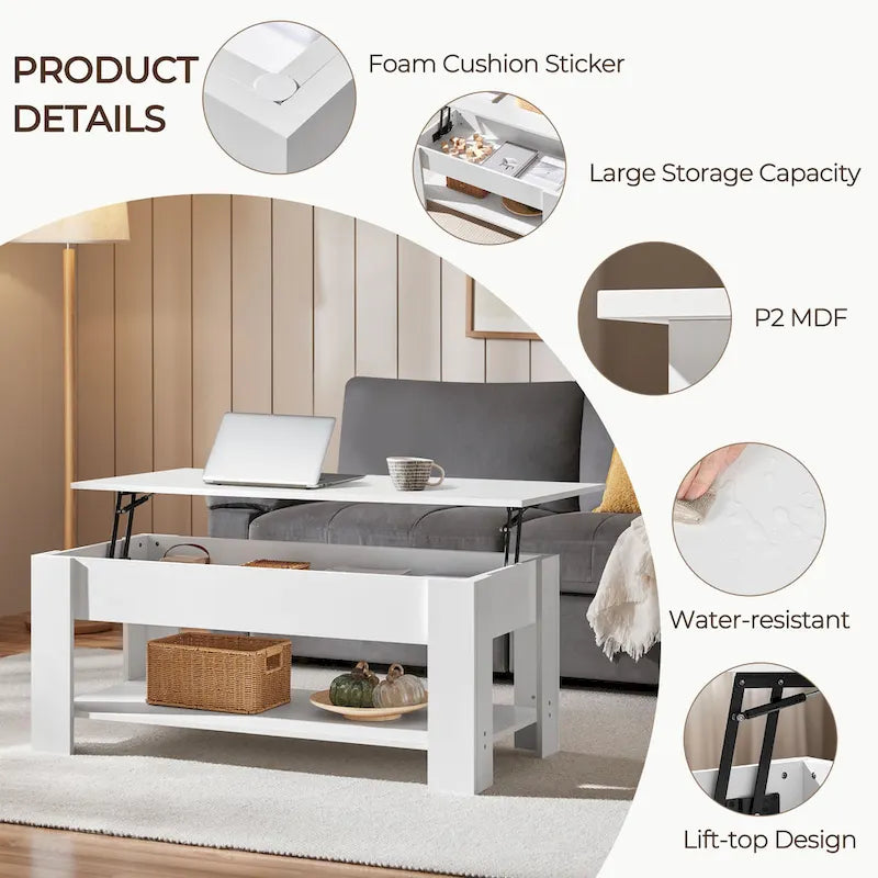 47.5 Lift-Top Coffee Table with Hidden Storage and Open Shelf