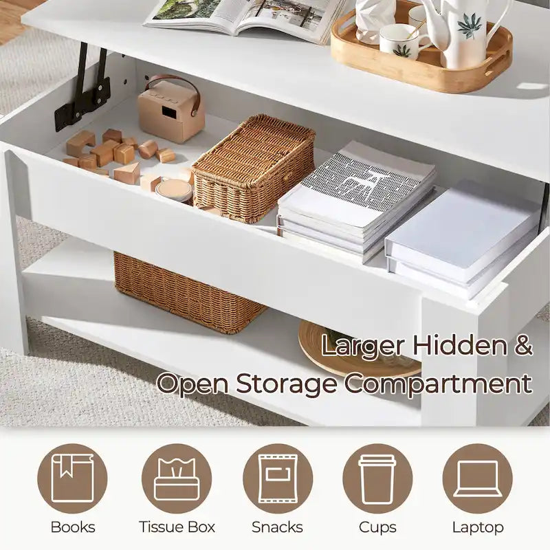 47.5 Lift-Top Coffee Table with Hidden Storage and Open Shelf