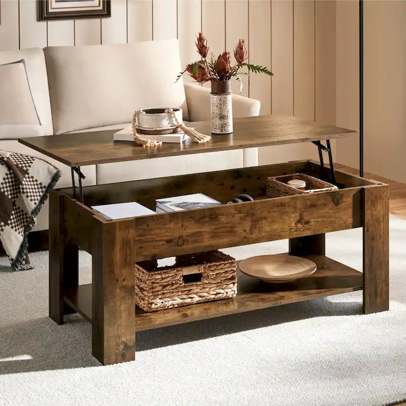 47.5 Lift-Top Coffee Table with Hidden Storage and Open Shelf