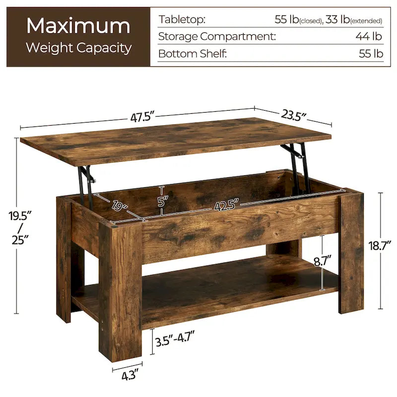 47.5 Lift-Top Coffee Table with Hidden Storage and Open Shelf