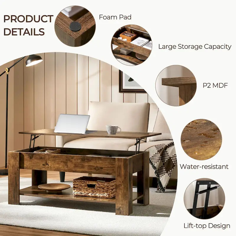 47.5 Lift-Top Coffee Table with Hidden Storage and Open Shelf