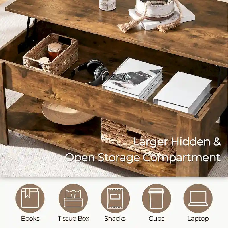 47.5 Lift-Top Coffee Table with Hidden Storage and Open Shelf