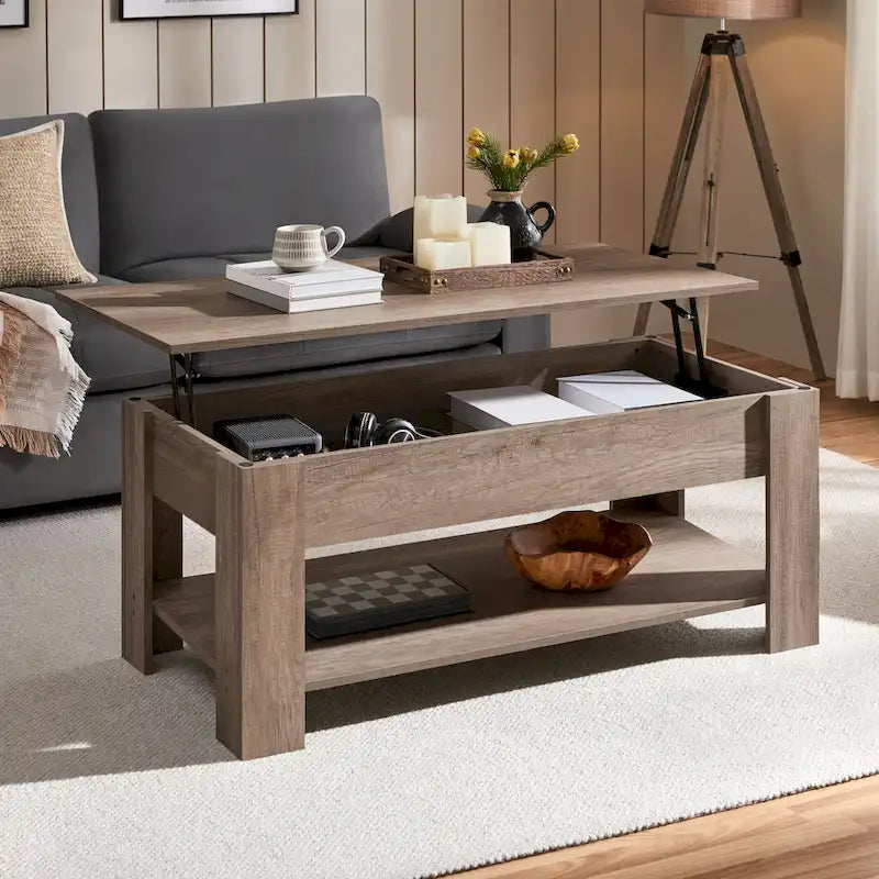 47.5 Lift-Top Coffee Table with Hidden Storage and Open Shelf