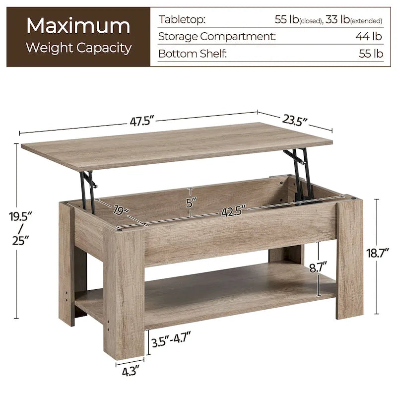 47.5 Lift-Top Coffee Table with Hidden Storage and Open Shelf