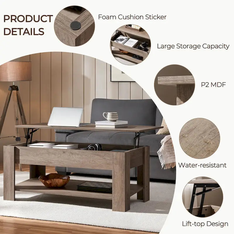 47.5 Lift-Top Coffee Table with Hidden Storage and Open Shelf