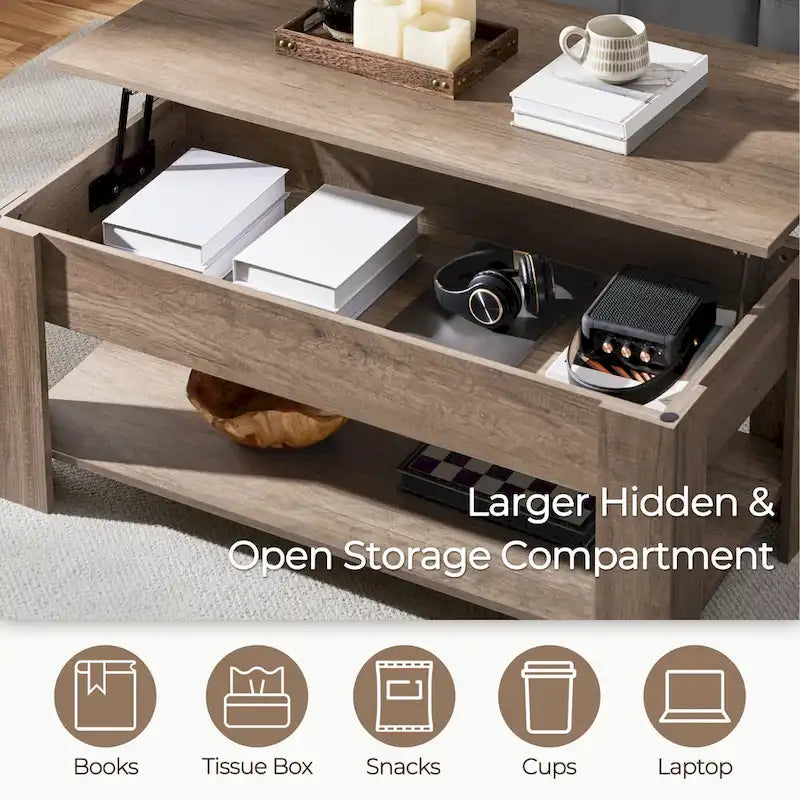 47.5 Lift-Top Coffee Table with Hidden Storage and Open Shelf