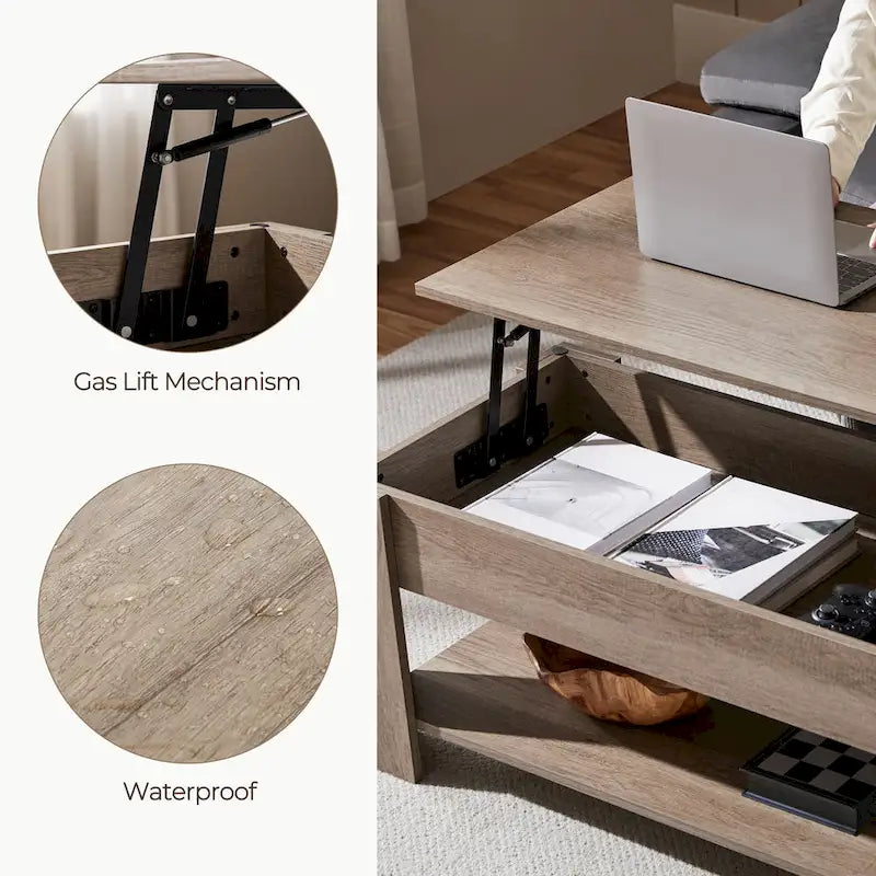 47.5 Lift-Top Coffee Table with Hidden Storage and Open Shelf