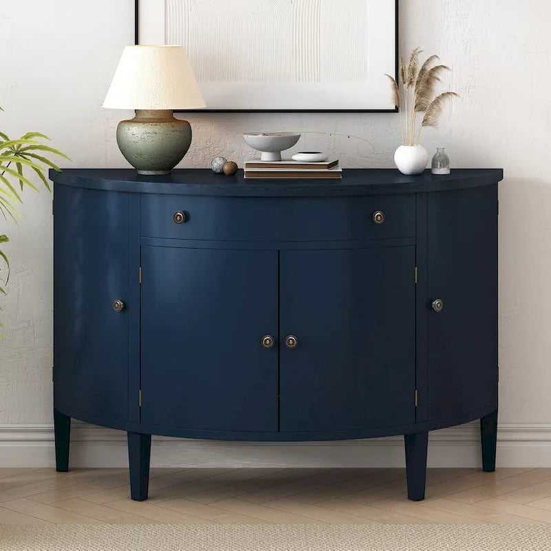 Curved Storage Cabinet with 4 Doors, Drawer and Adjustable Shelves