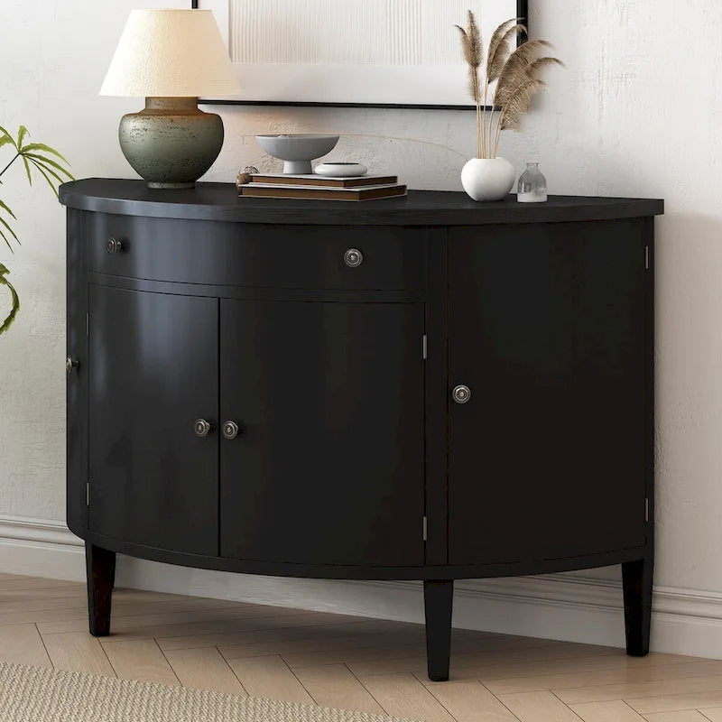 Curved Storage Cabinet with 4 Doors, Drawer and Adjustable Shelves