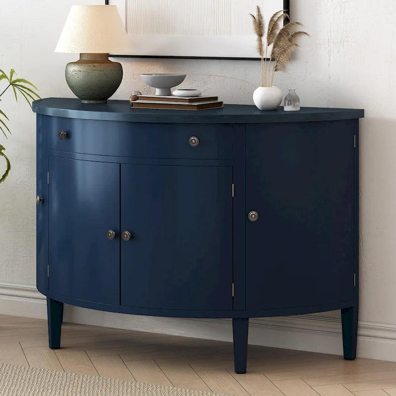 Curved Storage Cabinet with 4 Doors, Drawer and Adjustable Shelves