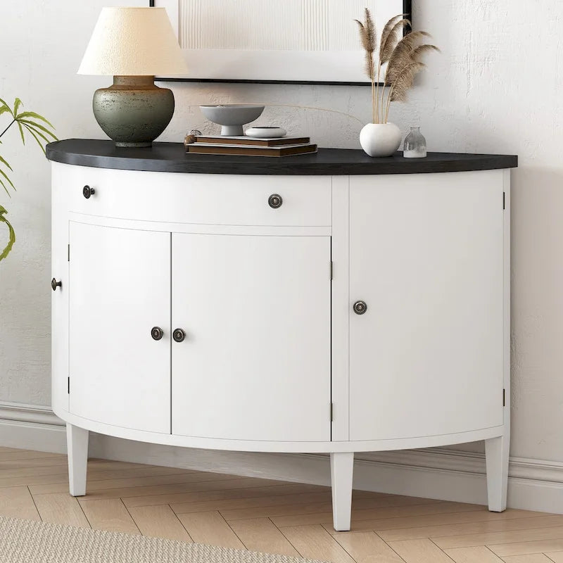 Curved Storage Cabinet with 4 Doors, Drawer and Adjustable Shelves