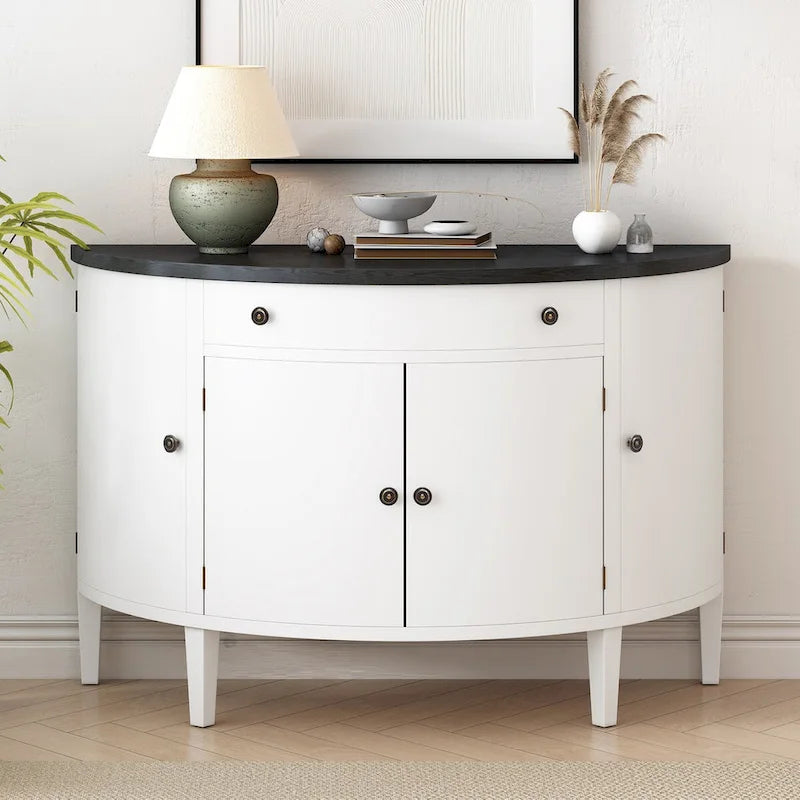 Curved Storage Cabinet with 4 Doors, Drawer and Adjustable Shelves