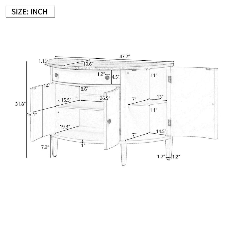 Curved Storage Cabinet with 4 Doors, Drawer and Adjustable Shelves