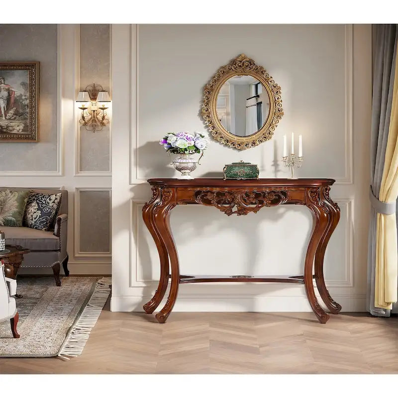 Vintage Carved Console Table with Two-Tier Storage