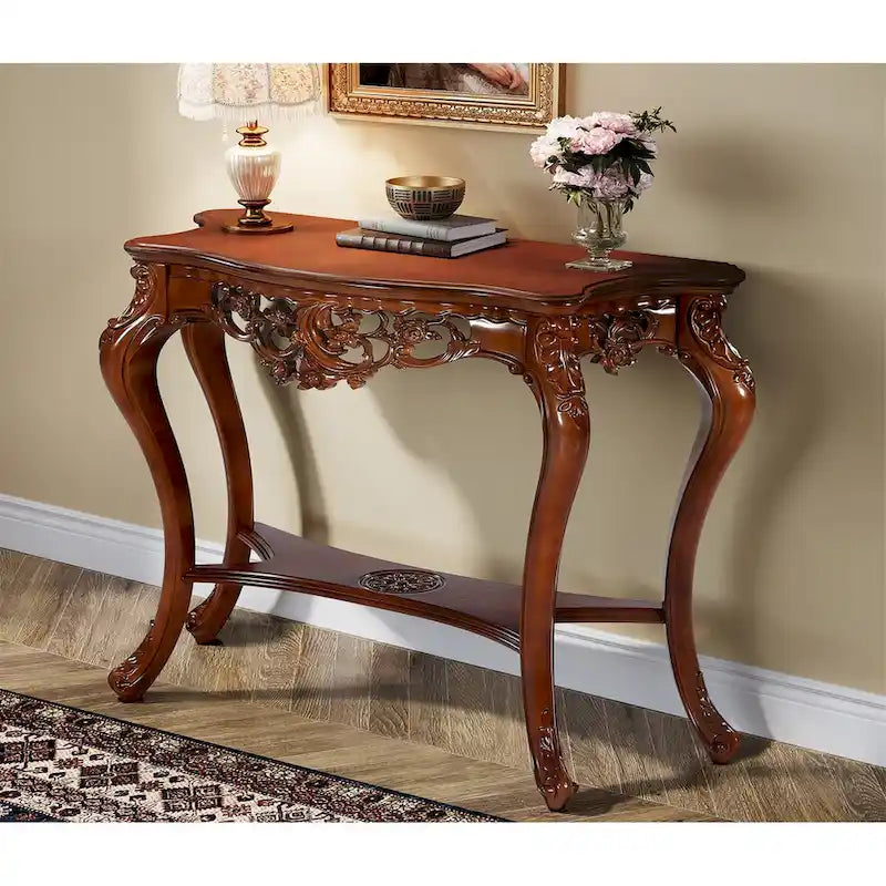 Vintage Carved Console Table with Two-Tier Storage