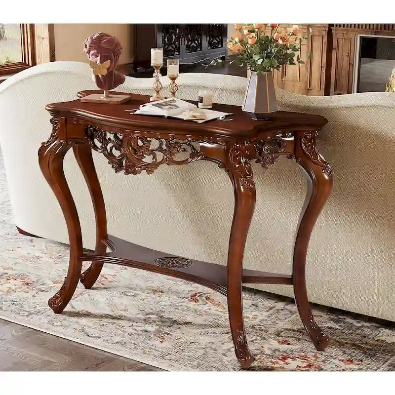 Vintage Carved Console Table with Two-Tier Storage