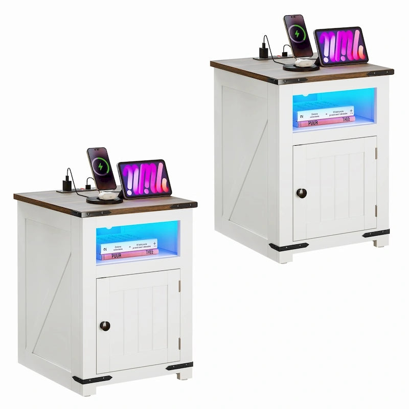 Set of 2 Farmhouse End Tables with LED Lights and Charging Ports