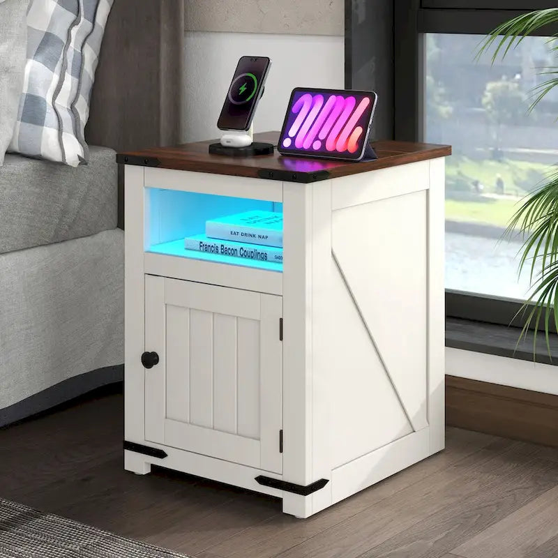 Set of 2 Farmhouse End Tables with LED Lights and Charging Ports